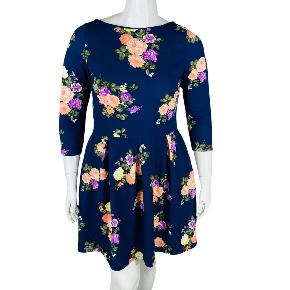 New 24seven‎ Comfort Sz XL Apparel 3/4 Sleeve Floral Dress Sz Blue